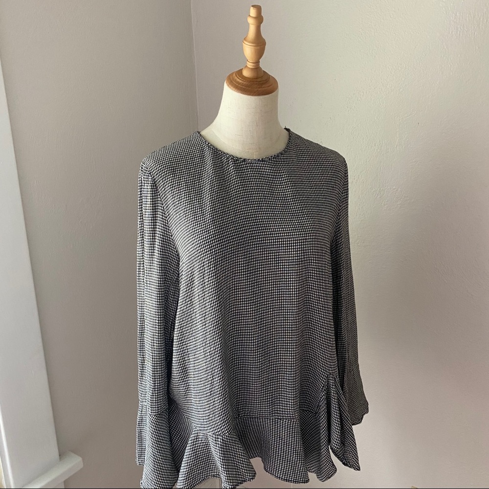 Zara Pin Check Bell Sleeve Blouse